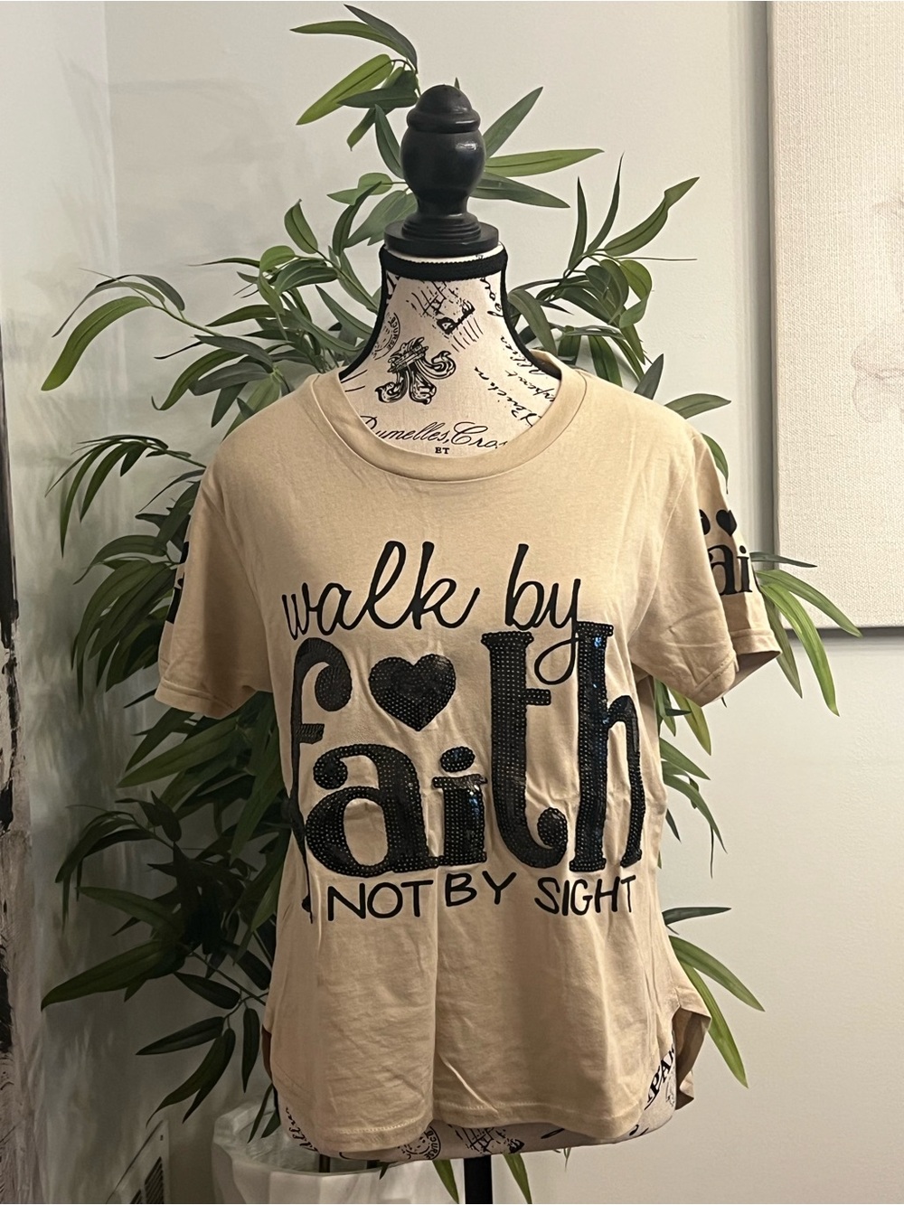 On Fire Beige Short Sleeve Tee with Black Embellished 'Walk By Faith'